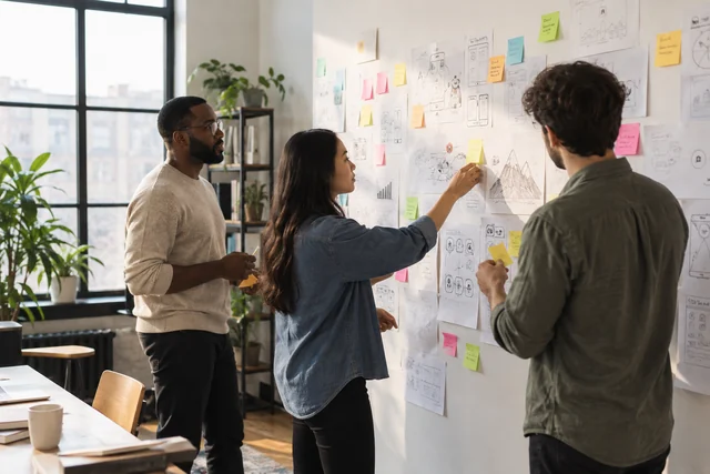 Three software founders arranging paper sketches into a product idea map on a studio wall.