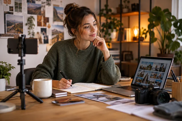 A content creator plans visual posts with a camera, phone and laptop.