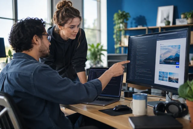 Developers collaborate on code and a working website preview.