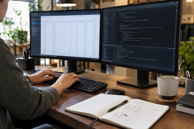 An analyst works with a data table and SQL and Python code.