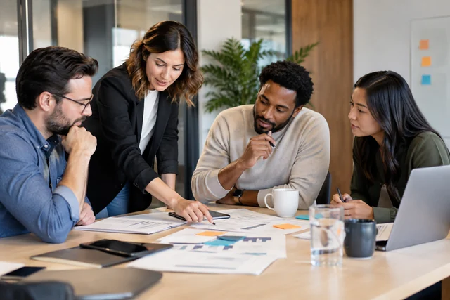 Professionals compare ideas and agree on a shared project direction.