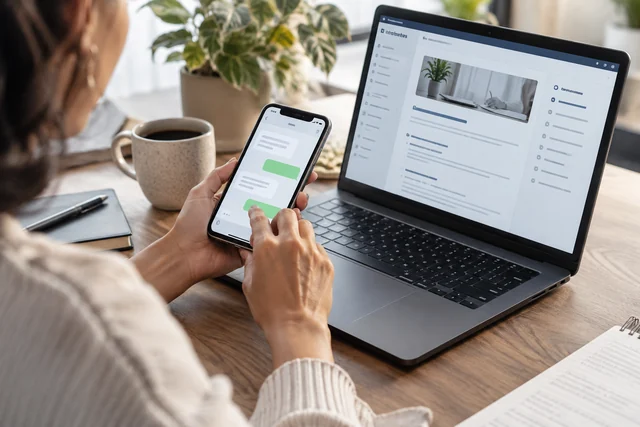 A messaging conversation is supported by documentation on a laptop.