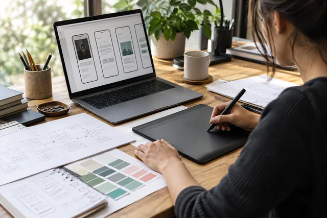 A designer develops wireframes, user flows and a visual direction.