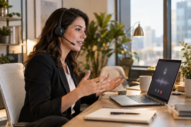 A professional handles a voice conversation at a laptop workstation.
